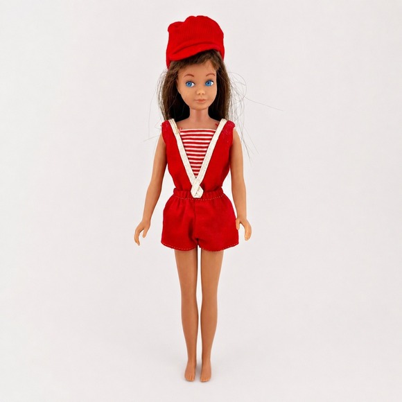 Other - Vintage Skipper Doll 1960s Japan Mattel Brunette Red Outfit Blue Eyes 9"